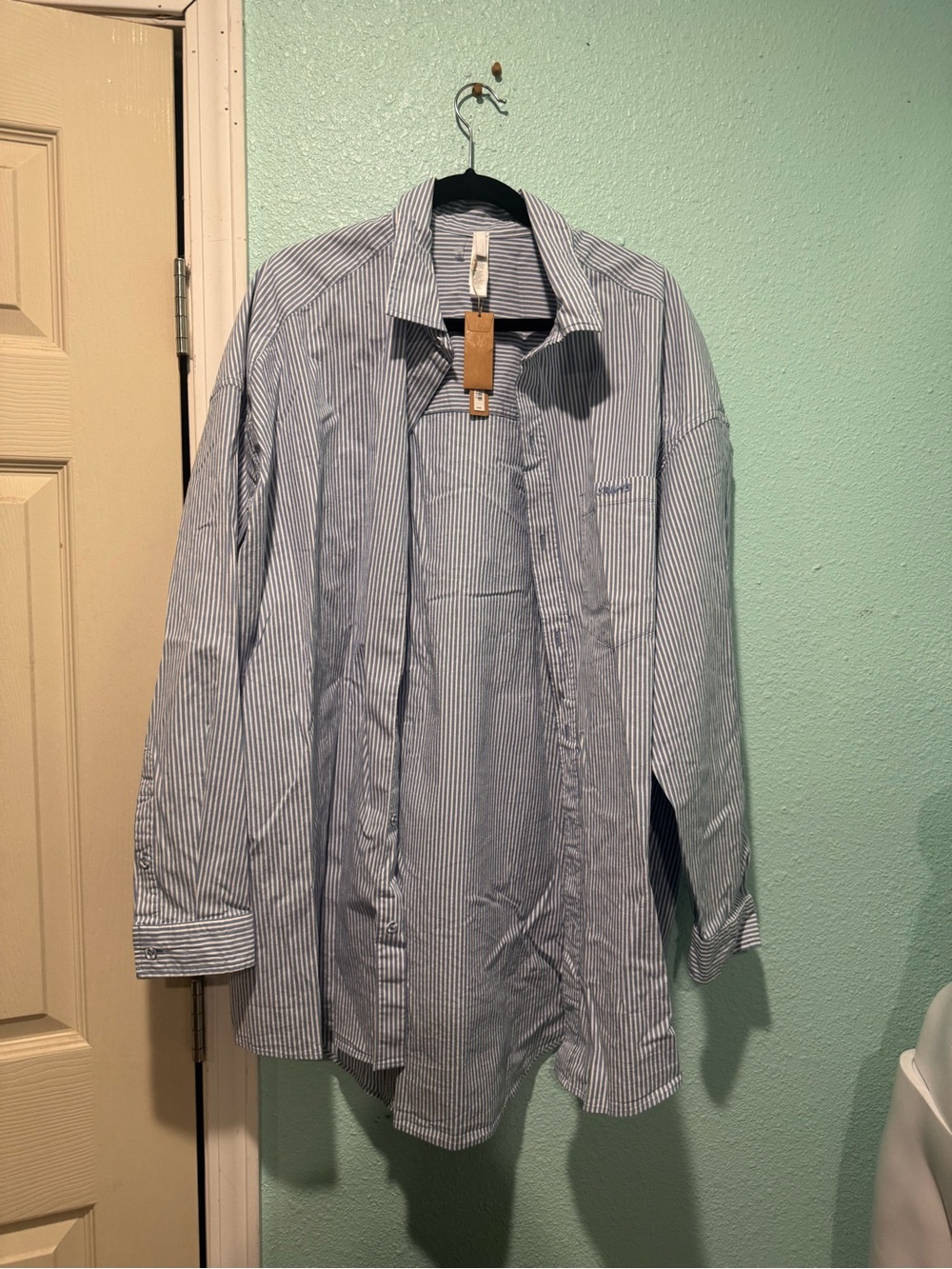 SKIMS Blue and White Pinstripe Shirt Jacket